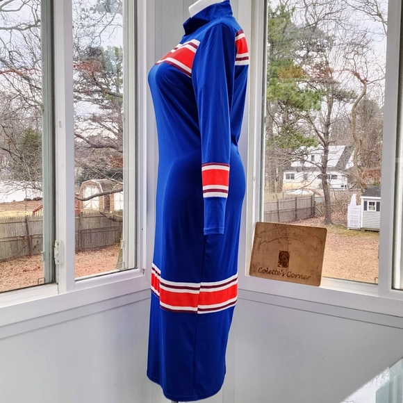 Royal Blue Red & White Ribbed Striped Mock Neck Maxi Column Knit Dress - Picture 3 of 15